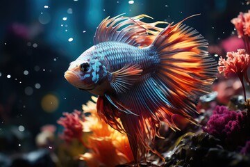 Exotic fish floating in giant aquarium., generative IA