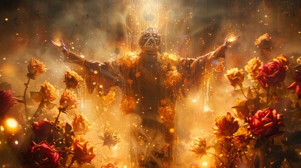 King walking on roses of lights - The king stands with open arms, surrounded by flowing dust, transparent liquids, smoke and metallic paint splashes created with Generative AI Technology