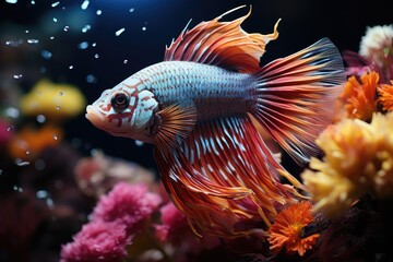 Exotic fish floating in giant aquarium., generative IA - obrazy, fototapety, plakaty
