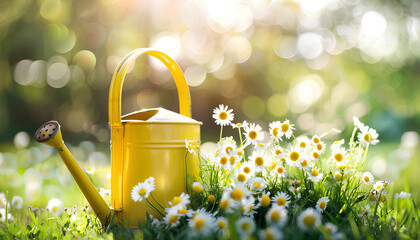 yellow watering can with chamomiles on grass on blurred nature background