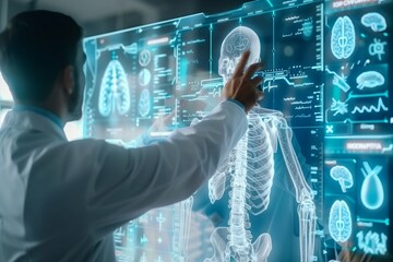 Medical doctor with a 3D hologram tablet, displaying anatomy diagnosis. Healthcare specialist and hospital concept background. - obrazy, fototapety, plakaty