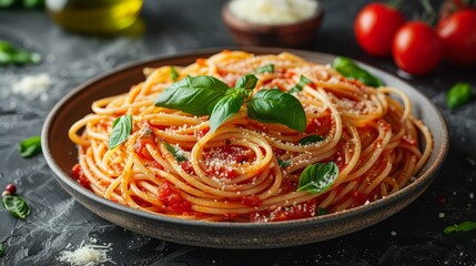 Tasty Spaghetti pasta with tomato sauce, parmesan cheese and basil on plate, closeup