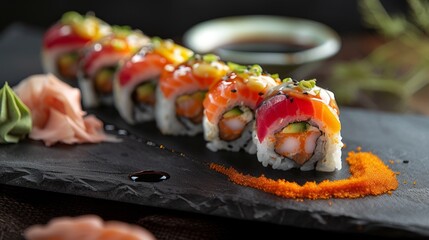 Traditional japanese Sushi roll set with salmon, avocado, cucumber and cream cheese on black stone background