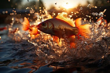 Fish jumps to capture flying insects at sunset., generative IA