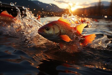 Fish jumps to capture flying insects at sunset., generative IA