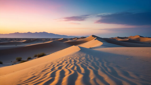 Photo real for Desert dunes at twilight during the hot summer months in Summer Season theme ,Full depth of field, clean bright tone, high quality ,include copy space, No noise, creative idea
