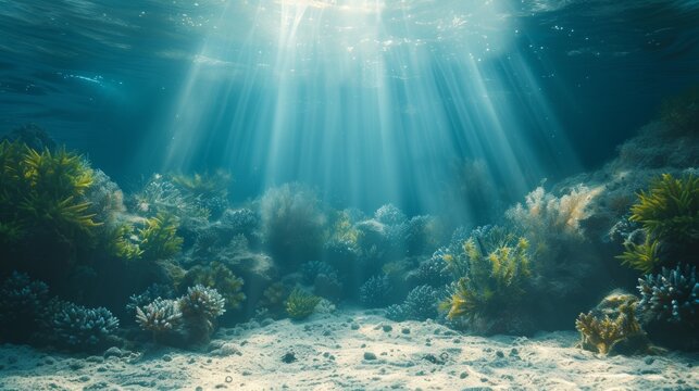 Underwater background featuring a deep blue sea with beautiful light rays piercing through the water