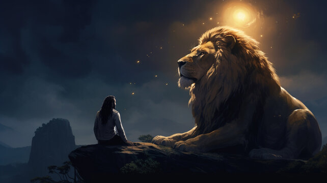 The lions lying docilely beside Daniel as he offers his prayers, depicting the profound tranquility and serenity that emanate from a steadfast connection to the divine