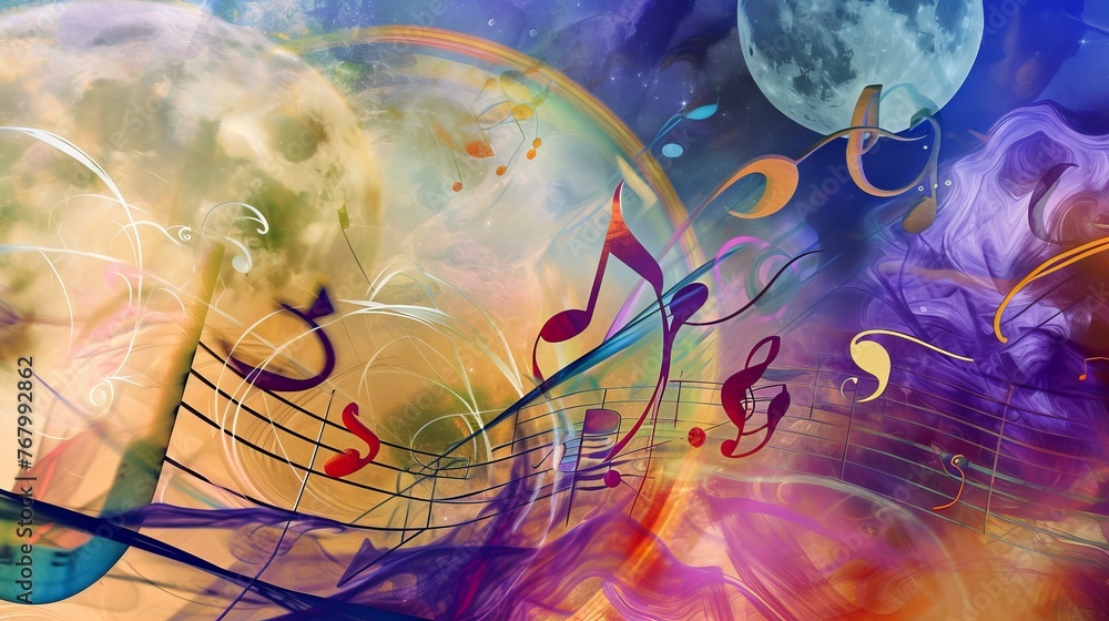 Poster abstract composition of fluid musical notes and cosmic elements blending with a dreamscape of colors
