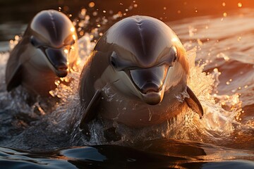 Agile dolphins hunt fish in the sunset., generative IA - obrazy, fototapety, plakaty
