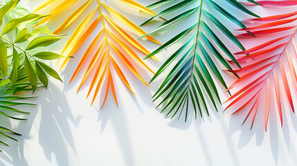 A playful and bright summer concept featuring illustrated palm leaves in a spectrum of tropical colors arranged on a crisp white background for a fresh - obrazy, fototapety, plakaty