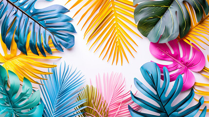 A playful and bright summer concept featuring illustrated palm leaves in a spectrum of tropical colors arranged on a crisp white background for a fresh