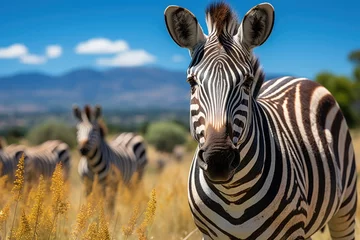 Tuinposter Zebras grazing in an African savannah under the sun., generative IA © JONATAS