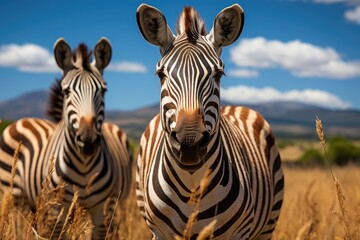 Fototapeta na wymiar Zebras grazing in an African savannah under the sun., generative IA