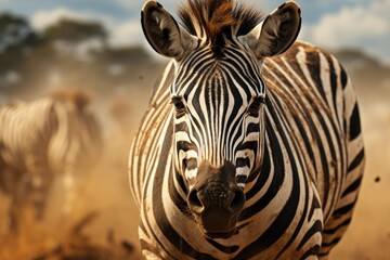 Fototapeta na wymiar Zebra graphically troting in the Poeirent Savana., generative IA