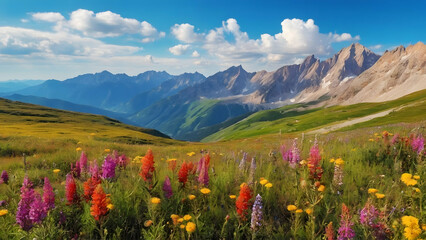 Photo real for Mountain range with wildflowers blooming in the summer in Summer Season theme ,Full depth of field, clean bright tone, high quality ,include copy space, No noise, creative idea - obrazy, fototapety, plakaty