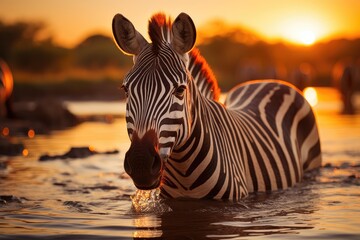 Zebra drinking water in a river during migration., generative IA