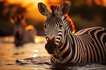 Zebra drinking water in a river during migration., generative IA - Powered by Adobe