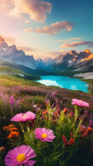 Photo real for Mountain range with wildflowers blooming in the summer in Summer Season theme ,Full depth of field, clean bright tone, high quality ,include copy space, No noise, creative idea