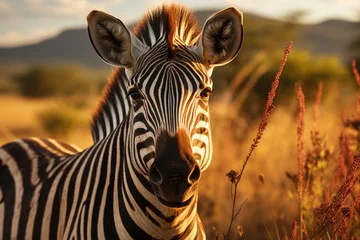 Tuinposter Elegant zebra in safari with amazed tourists., generative IA © JONATAS