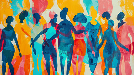 A playful and colorful illustration of a group of abstract figures representing friends or coworkers