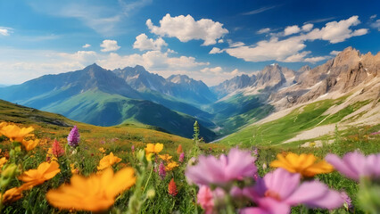 Photo real for Mountain range with wildflowers blooming in the summer in Summer Season theme ,Full depth of field, clean bright tone, high quality ,include copy space, No noise, creative idea - obrazy, fototapety, plakaty