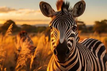 Gordijnen Elegant zebra in safari with amazed tourists., generative IA © JONATAS