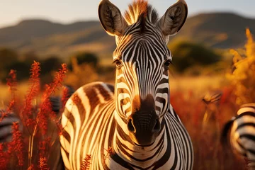 Gordijnen Zebra stands out in a group of wild animals in the savannah., generative IA © JONATAS