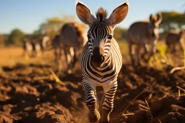 Tuinposter Zebra baby has fun with her pack., generative IA © JONATAS