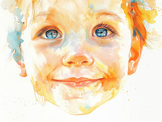 A playful and heartwarming watercolor vector illustration of a childs face eyes shining with happiness and a mischievous grin