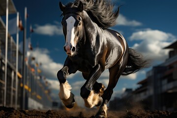 Horse jumping with grace on the equestrian track., generative IA - obrazy, fototapety, plakaty