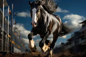 Foto auf Acrylglas Horse jumping with grace on the equestrian track., generative IA © JONATAS