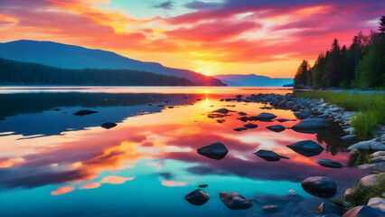 Photo real for Serene lake reflecting the vibrant colors of a summer sunset in Summer Season theme ,Full depth of field, clean bright tone, high quality ,include copy space, No noise, creative idea