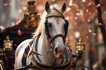 Elegant horse pulls carriage at festive event., generative IA - obrazy, fototapety, plakaty