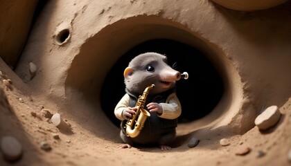 A Mole Musician Playing A Tiny Saxophone In The Bu - obrazy, fototapety, plakaty