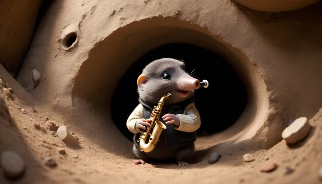 A Mole Musician Playing A Tiny Saxophone In The Bu
