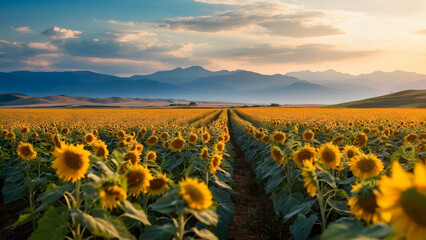 Photo real for Sunflower field with a backdrop of mountains in the late summer in Summer Season theme ,Full depth of field, clean bright tone, high quality ,include copy space, No noise, creative idea