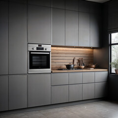 Dark grey minimalist kitchen set with appliances and shelves, front view. Grey luxury kitchen with oven and backlight, grey floor,