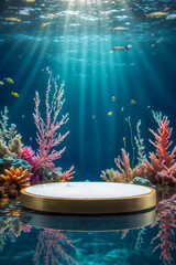 Platform and podium background on underwater for product stand display advertising cosmetic beauty products or skincare with empty round stage