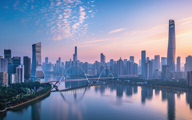Sunset river scene in first-tier cities in China,created with Generative AI tecnology.