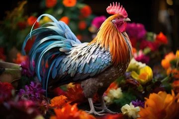 Foto op Plexiglas Colorful chicken walks in lush garden., generative IA © JONATAS