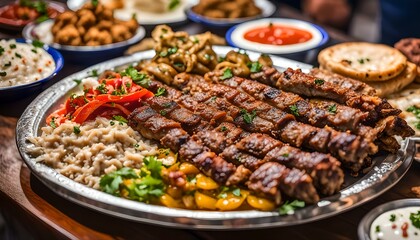 Arabic grilled arabic food dishes kebab, dolma, mansaf, shawarma Turkish and Arabic Traditional...