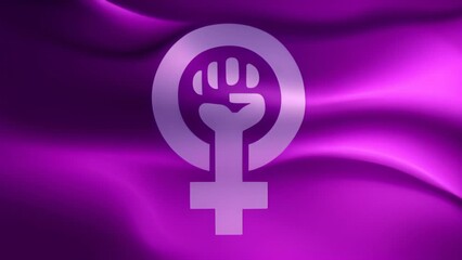 Women resist symbol with purple flag waving on wind. Girl power fist illustration background. Hand drawn feminism motivational slogan isolated. Human arm with clenched fingers. Generative AI