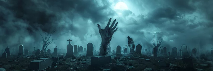 Fototapeten halloween background, Hand of the zombie coming out from ground on  full moon night sky with fog and tombstones background, scarry night horror, banner © Planetz