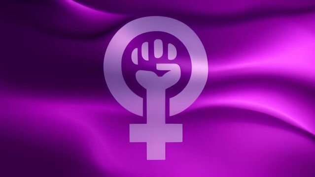 Women resist symbol with purple flag waving on wind. Girl power fist illustration background. Hand drawn feminism motivational slogan isolated. Human arm with clenched fingers. Generative AI