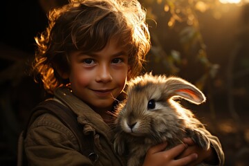 Smiling child caresses cute rabbit., generative IA