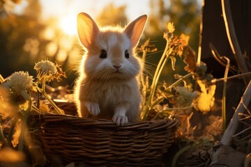 Rabbit relaxes in golden hay basket., generative IA - obrazy, fototapety, plakaty