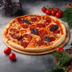 Classic pepperoni pizza with basil