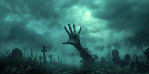 halloween background, Hand of the zombie coming out from ground on  full moon night sky with fog and tombstones background, scarry night horror, banner - obrazy, fototapety, plakaty