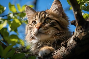 Curious cat on the tree, watching., generative IA